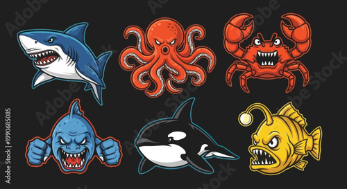 Fierce Sea Creatures Collection: Shark, Octopus, Crab, Anglerfish, Orca, Monster