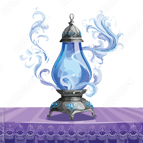 Decorative blue lamp with ornamental swirls on a purple tabletop