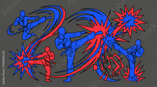 Martial arts athletes performing kicking techniques