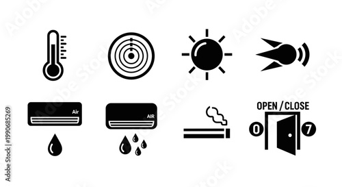 Collection of eight black and white icons representing various environmental and security sensors and controls.