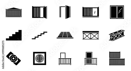 Set of black and white icons representing various architectural and construction elements.