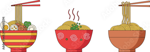Asian Noodle Bowl Set with Chopsticks Featuring Ramen, Udon, and Instant Noodles Illustrations for Restaurant Menus, Food Packaging, and Culinary Design