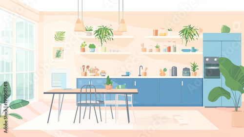 A cozy, light-filled, modern kitchen scene featuring cabinets, a table, chairs, plants, and natural light