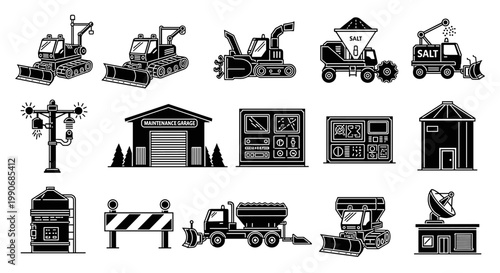 Collection of Industrial Vehicles and Buildings for Infrastructure and Maintenance.