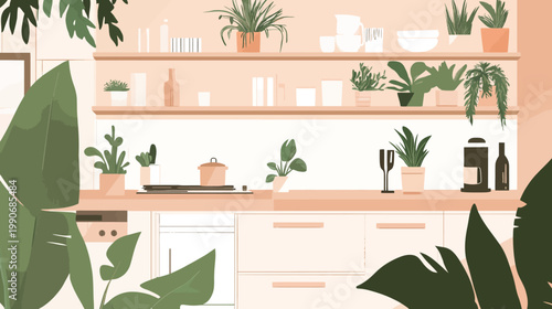 A kitchen interior illustration filled with various plants, shelves with items, and minimalist design
