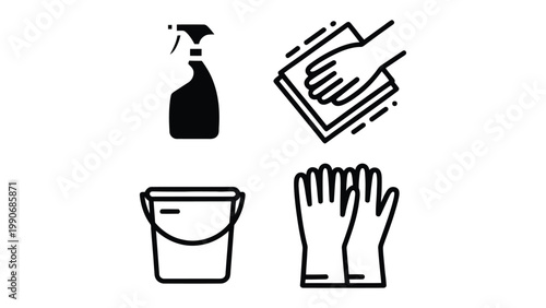 Cleaning Supplies Icons: Essential icons of cleaning supplies and tools, spray bottle, rag, bucket, and glove, ready for your cleaning needs.