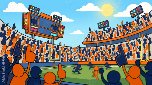 American football stadium with players and scoreboard