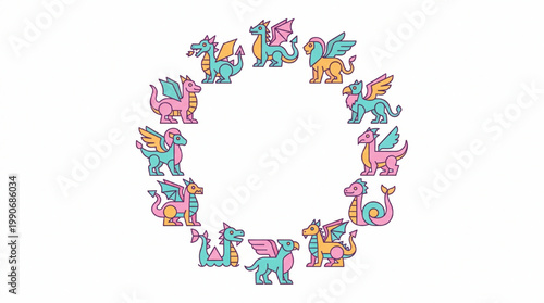 Circular border of colorful dragon characters