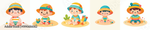vector of a little boy sitting on the beach enjoying summer