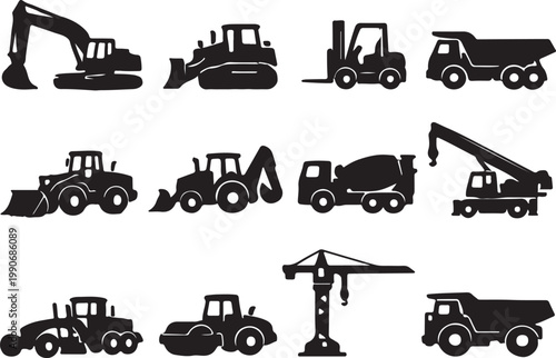 Construction machinery and heavy equipment icons set including excavator bulldozer forklift dump truck loader vehicles silhouette vector