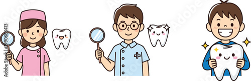 Dentist and Kids Dental Care Set with Tooth Characters, Checkup, Cleaning and Healthy Smile Vector Illustration for Oral Hygiene, Clinic and Education Design
