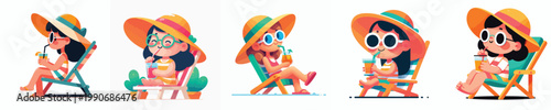vector of a little girl sitting on a beach chair enjoying ice in summer