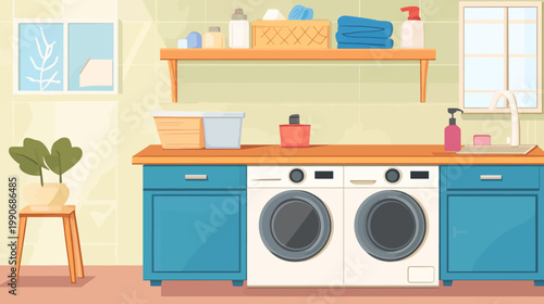 A brightly lit, minimalist laundry room with two washers, a sink, and decorative plants