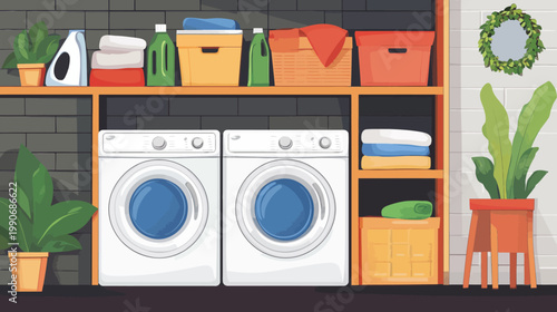 A tidy laundry room with a pair of washing machines and shelves filled with supplies and towels