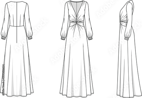 Long sleeve floor length dress sketch, technical fashion illustration, deep V neckline garment, puff sleeve apparel design, flared skirt clothing drawing