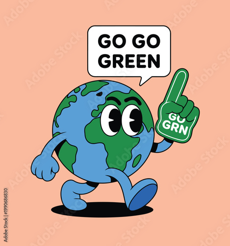 A cheerful cartoon Earth character confidently walks forward holding a green foam finger promoting environmental awareness