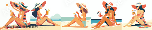 vector of a woman sitting on the beach sand enjoying ice in summer