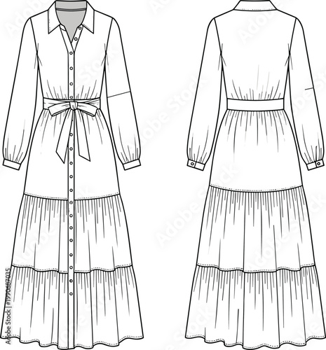 Long sleeve tiered maxi dress sketch, technical fashion illustration, collared neckline garment, button front apparel design, waist tie belt clothing drawing