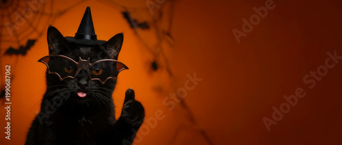 Funny Black Cat in Witch Hat and Bat Glasses Showing Thumbs Up with Copy Space on Orange Halloween Background