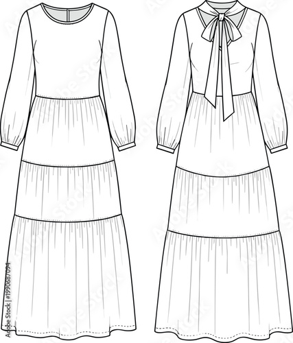 Long sleeve tiered maxi dress sketch, technical fashion illustration, round neckline garment, bow tie collar design, gathered skirt apparel drawing