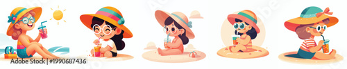 vector of a little girl sitting on the beach sand enjoying ice in summer