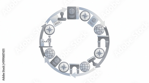 International travel and immigration concept cycle with icons