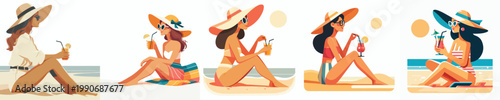 vector of a woman sitting on the beach sand enjoying ice in summer