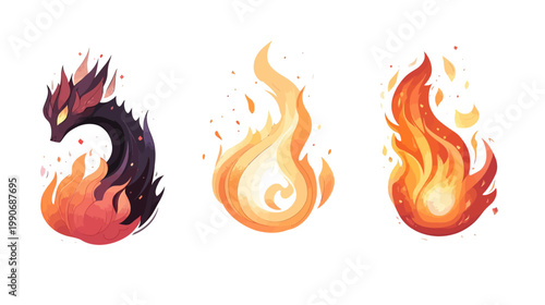 A collection of stylized flame illustrations, featuring varying shapes and color palettes