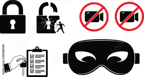 Security and Privacy Icon Set – Lock, Hacking, No Camera, Checklist and Sleep Mask Vector Illustration