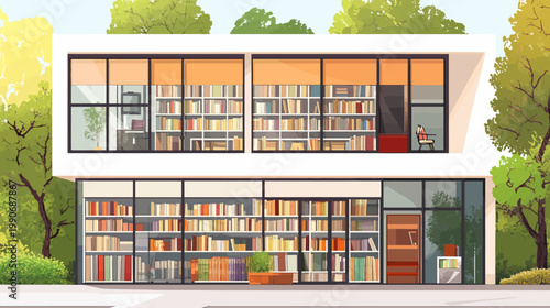 A modern library illustration with floor-to-ceiling windows, bookshelves, and lush greenery