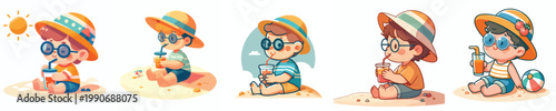 vector of a little boy sitting on the beach sand enjoying ice in summer
