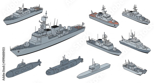 Collection of Military Ships and Naval Vessels in Various Sizes and Designs.