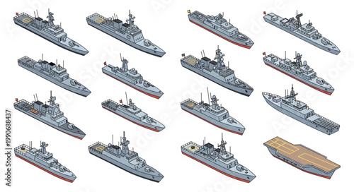 Collection of Military Ships and Naval Vessels in Various Sizes and Designs.