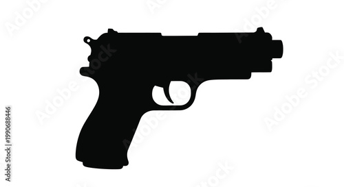 A stark black silhouette of a handgun resting on a white background silhouette