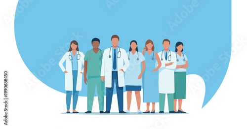A diverse group of healthcare professionals including doctors and nurses stands together with stethoscopes