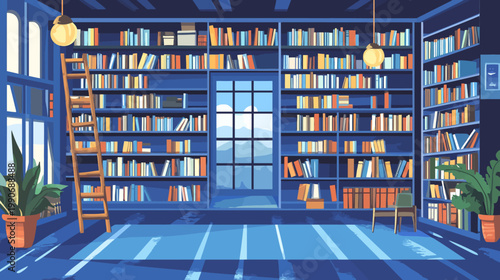 Illustration of a library interior. Bookshelves, ladder, and plants. Blue hue dominates. Light, shadow