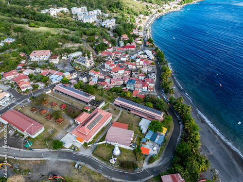 aerial landscape view along Martinique coastline with central part of Le Prêcheur, a coastal village and a commune of French overseas department of Martinique, located at islands northwestern coast 
