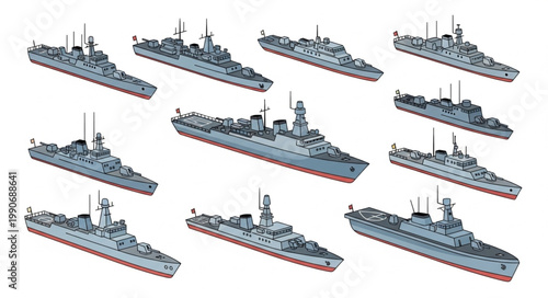 Collection of Military Ships and Warships in Formation.