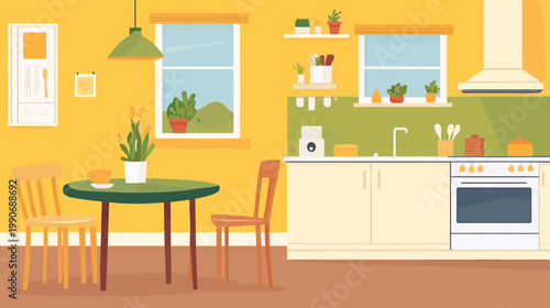 A cozy, minimalist kitchen interior design with yellow walls, a table, chairs, and appliances