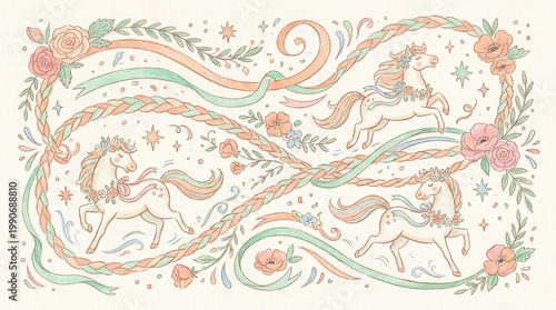Whimsical illustration of ponies with flowers and ribbons