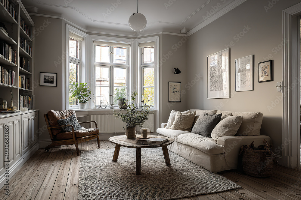 Fototapeta premium Scandinavian living room with neutral tones, wooden floor, cozy sofa, armchair, round coffee table, and large windows providing soft natural light in calm atmosphere