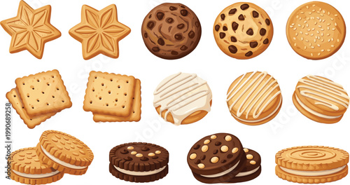 Assorted Biscuit and Cookie Vector Set Featuring Chocolate Chip, Cream Filled, Wafer, and Butter Cookies Isolated on White Background for Bakery and Snack Designs