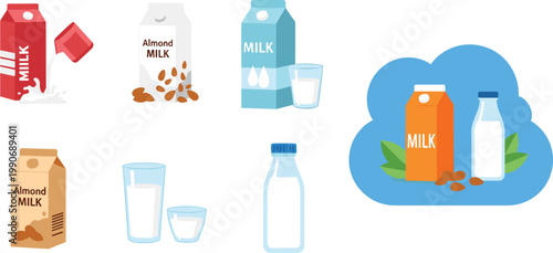 Milk and Plant Based Beverage Illustration Set with Dairy Milk, Almond Milk, Bottles, Cartons, and Glasses for Healthy Drink Design and Nutrition Graphics