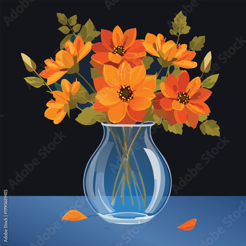 Vibrant orange flowers in a transparent vase on blue surface black background