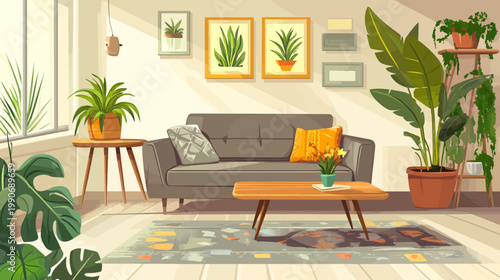 Cartoonish depiction of a sunlit living space. Sofa, plants, and wall decor create a cozy aesthetic