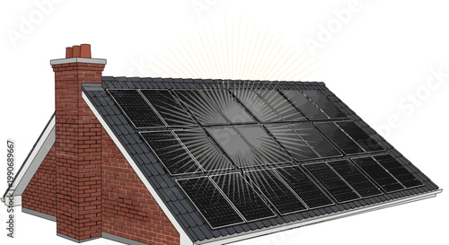 Solar panels on a house roof with chimney eco friendly energy