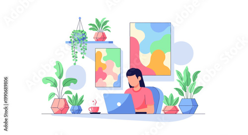 Woman working on a laptop in a cozy home office with plants.
