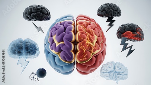 Brain disorders, neurological degenerative diseases. Parkinson's, Alzheimer's, dementia, autism, epilepsy, sclerosis. Mental health, psychology 3D stress, migraine, depression, anxiety, bipolar  