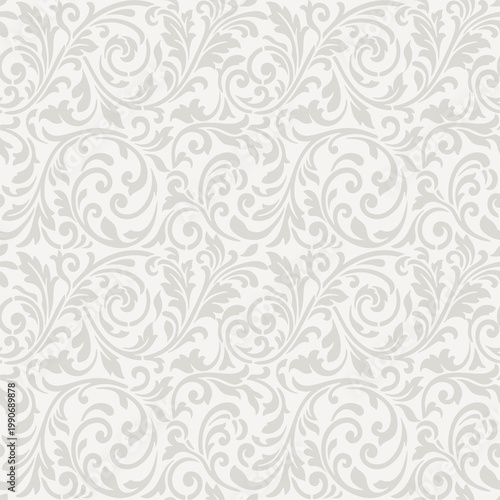 Elegant light gray damask floral seamless pattern with classic vine ornaments in light gray damask floral seamless pattern style for luxury wallpaper.