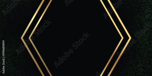 Futuristic golden hexagon frames gleam against a dark green mosaic with cyber metallic glow and immersive digital vibe, vector art